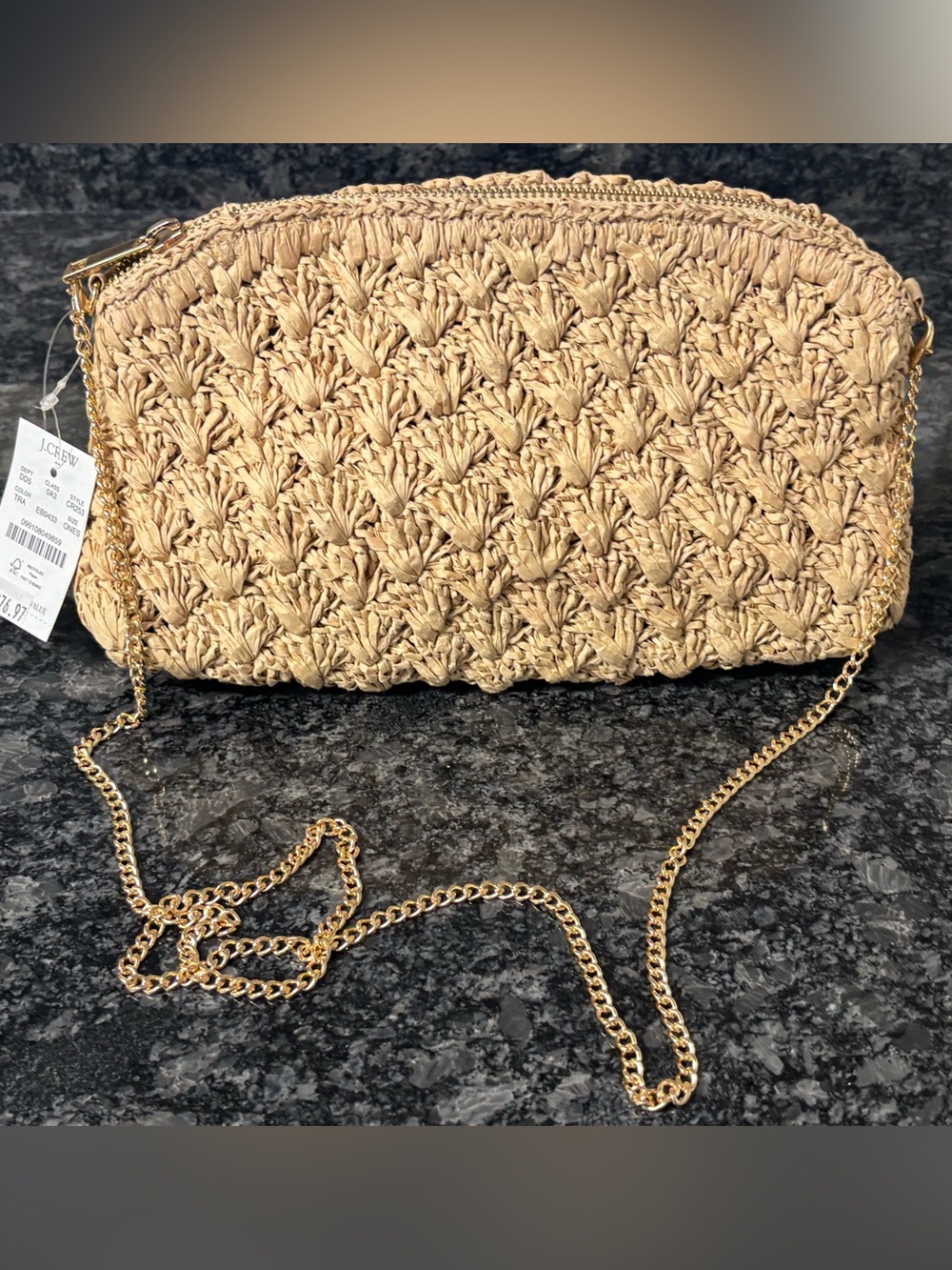 J. Crew Natural Woven Straw Clutch with Gold Chain